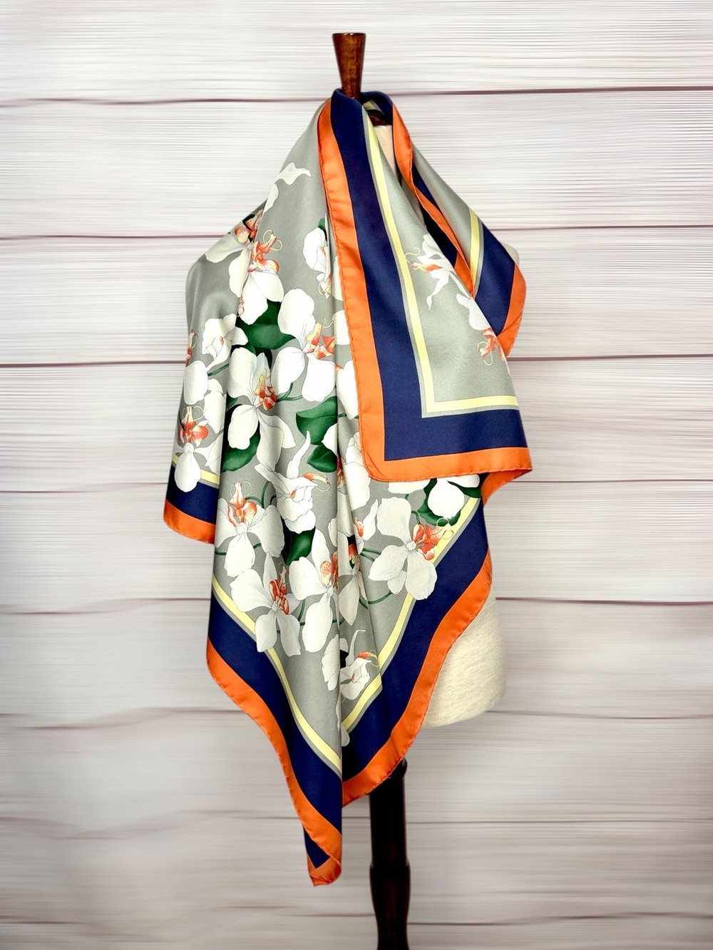 Valentino Twill Silk Scarf Gray with White Orchids